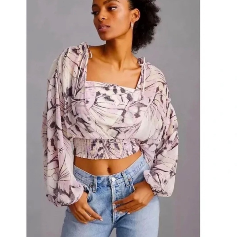 NEW By Anthropologie Sheer Peasant Long Sleeve Mock Layer Top Purple Motif LARGE